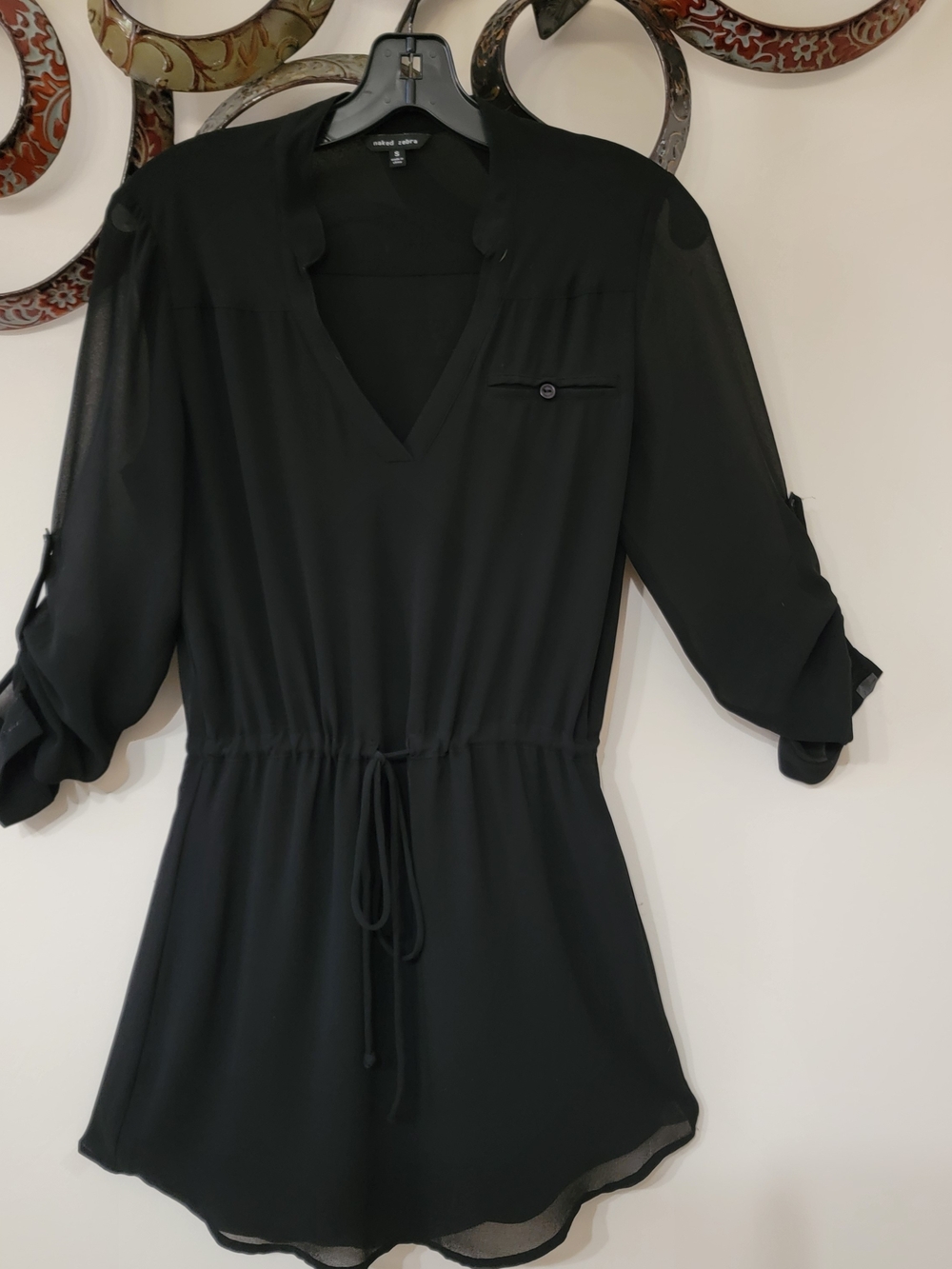 Naked Zebra Black V-Neck Drawstring Women's Dress